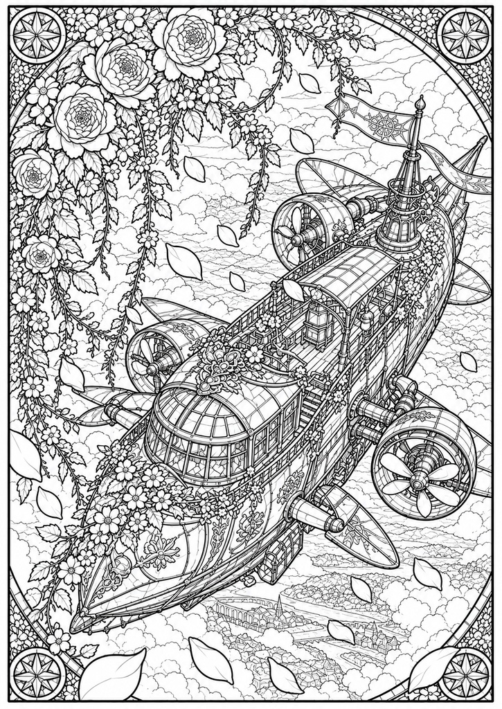 乗り物と花のステンドグラス塗り絵|大人の塗り絵 全10種【PDF】