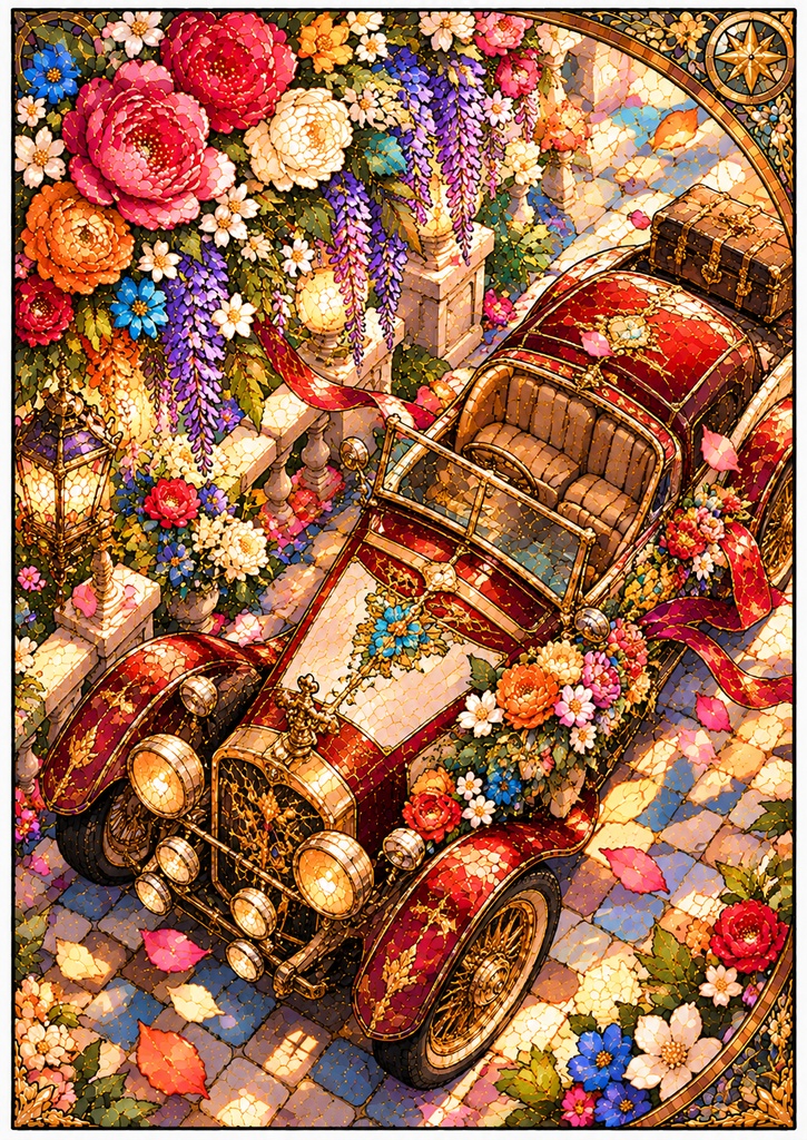 乗り物と花のステンドグラス塗り絵|大人の塗り絵 全10種【PDF】