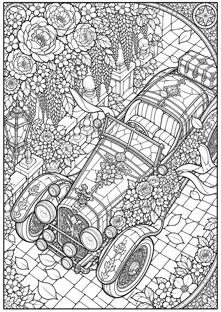 乗り物と花のステンドグラス塗り絵|大人の塗り絵 全10種【PDF】