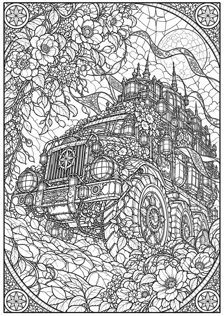 乗り物と花のステンドグラス塗り絵|大人の塗り絵 全10種【PDF】