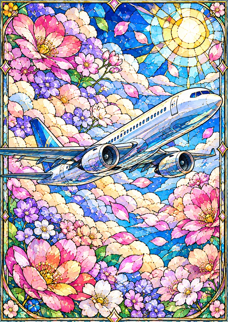 乗り物と花のステンドグラス塗り絵|大人の塗り絵 全10種【PDF】