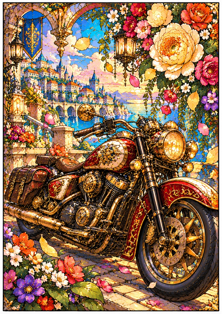乗り物と花のステンドグラス塗り絵|大人の塗り絵 全10種【PDF】