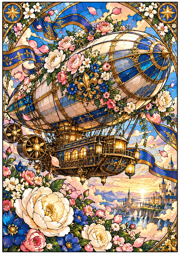 乗り物と花のステンドグラス塗り絵｜大人の塗り絵 全10種【PDF】