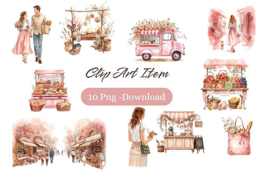 【マルシェ(買い物)シリーズ】マルシェ クリップアート素材(全10点/PNG/背景透過)