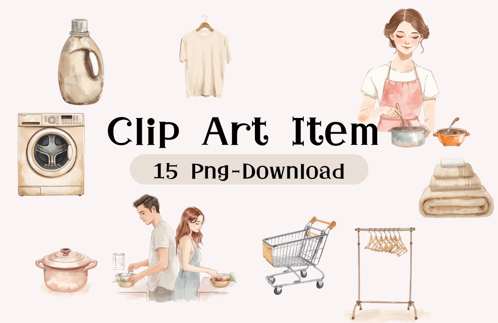 【家事シリーズ】家事クリップアート素材(全15点/PNG/背景透過)