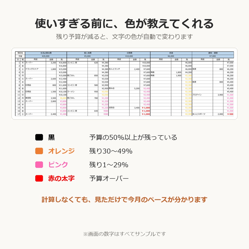 Excel家計簿テンプレート|残りの予算が色でわかる(12ヶ月分・資産推移グラフつき)