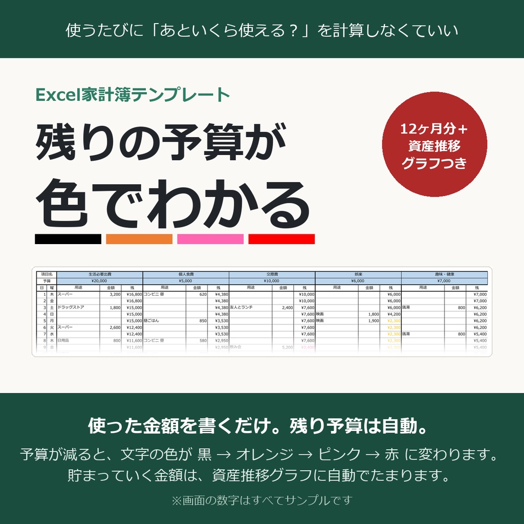 Excel家計簿テンプレート 無料お試し版｜1ヶ月分（残りの予算が色でわかる）