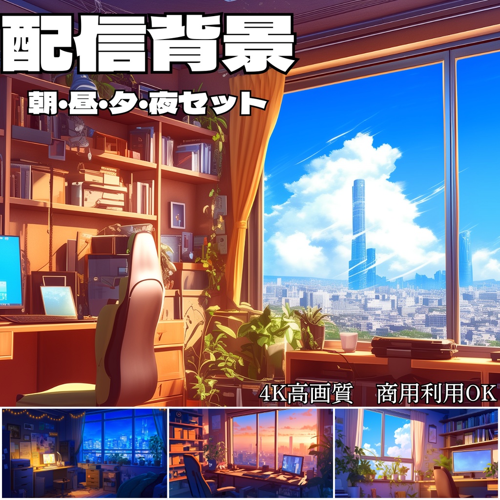 【4K】朝日が差し込むLo-Fiな作業部屋 - 配信背景素材【朝/昼/夕/夜セット】