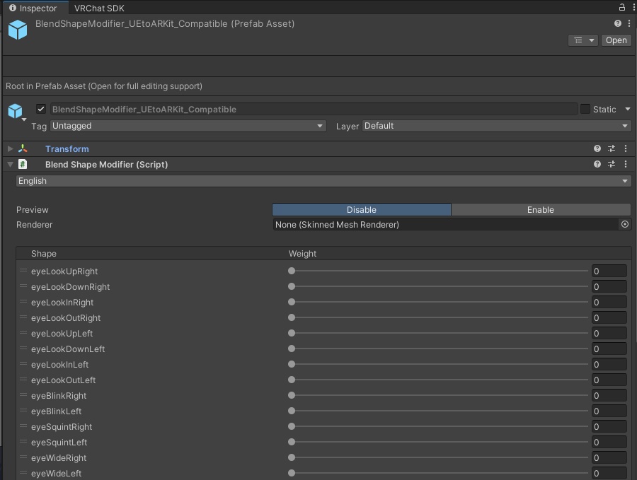 ブレンドシェイプモディファイヤー UnifiedExpression→ARKit変換設定済みPrefab