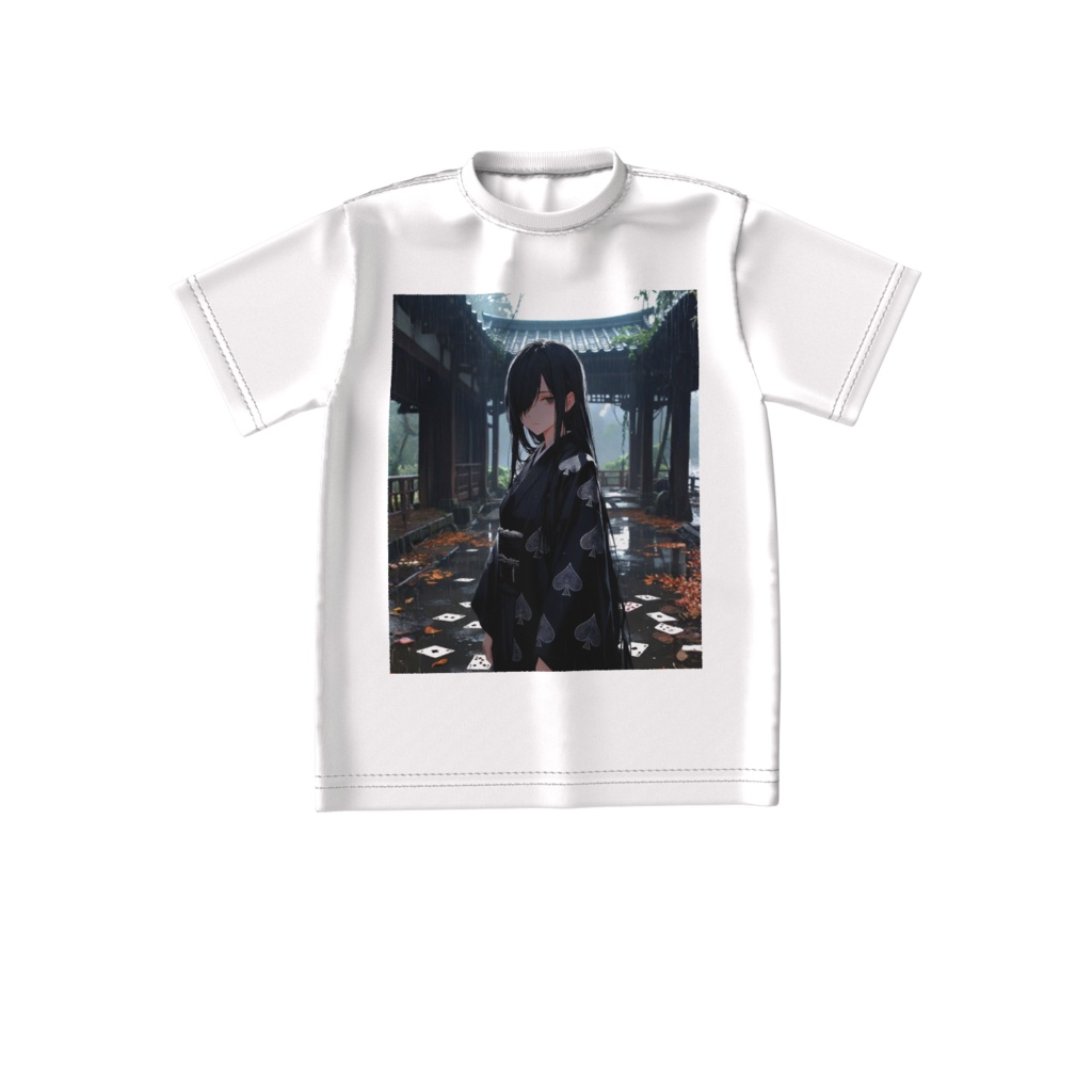 Shadow Queen of Spades - Rainy Temple Anime Art | Black Kimono Spade Embroidery T-Shirt