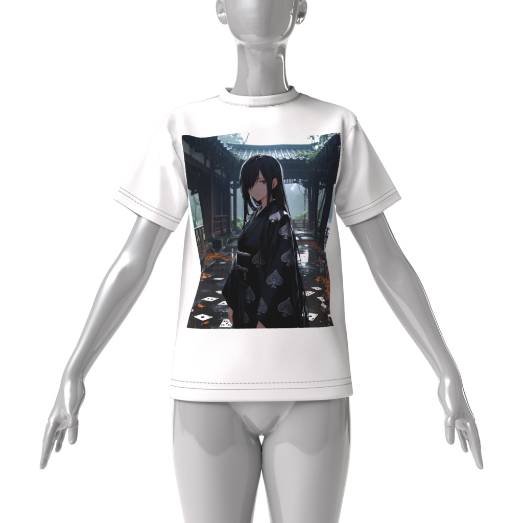 Shadow Queen of Spades - Rainy Temple Anime Art | Black Kimono Spade Embroidery T-Shirt