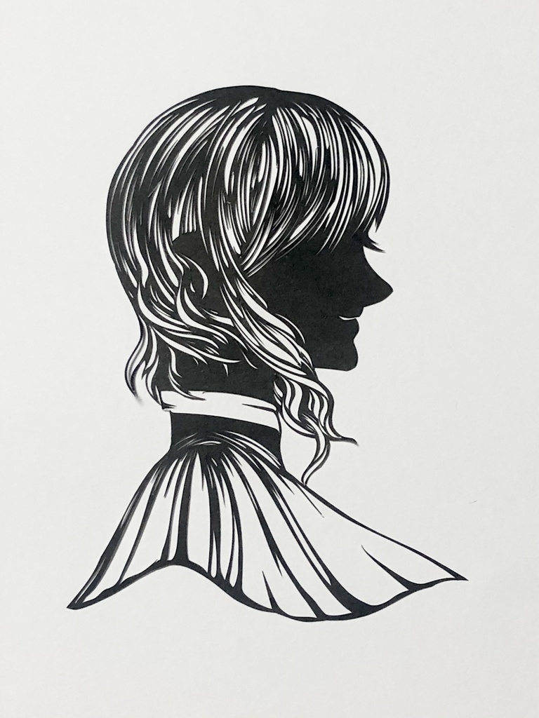 切り絵原画・少女(額なし、ハガキサイズ)