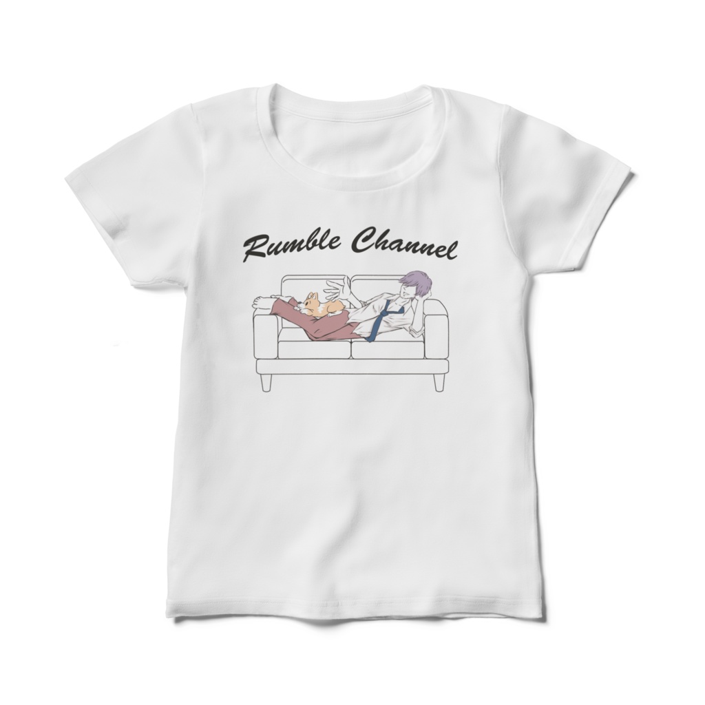 ソファでコーギーと Tシャツ白レディースサイズ