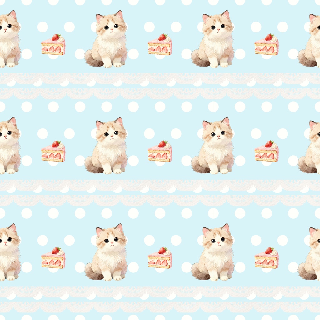 もふ猫のブルーカフェ|シームレスパターン9枚セット(水色)