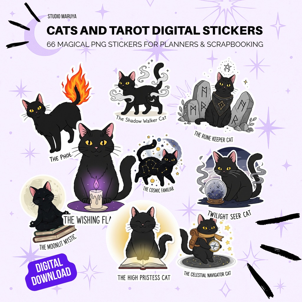 Cats & Tarot デジタルステッカー（66 PNG） | プランナー・ジャーナル・魔法好きにぴったり Cats & Tarot Digital Stickers (66 PNG) – For Planners, Journals & Witchy Vibes