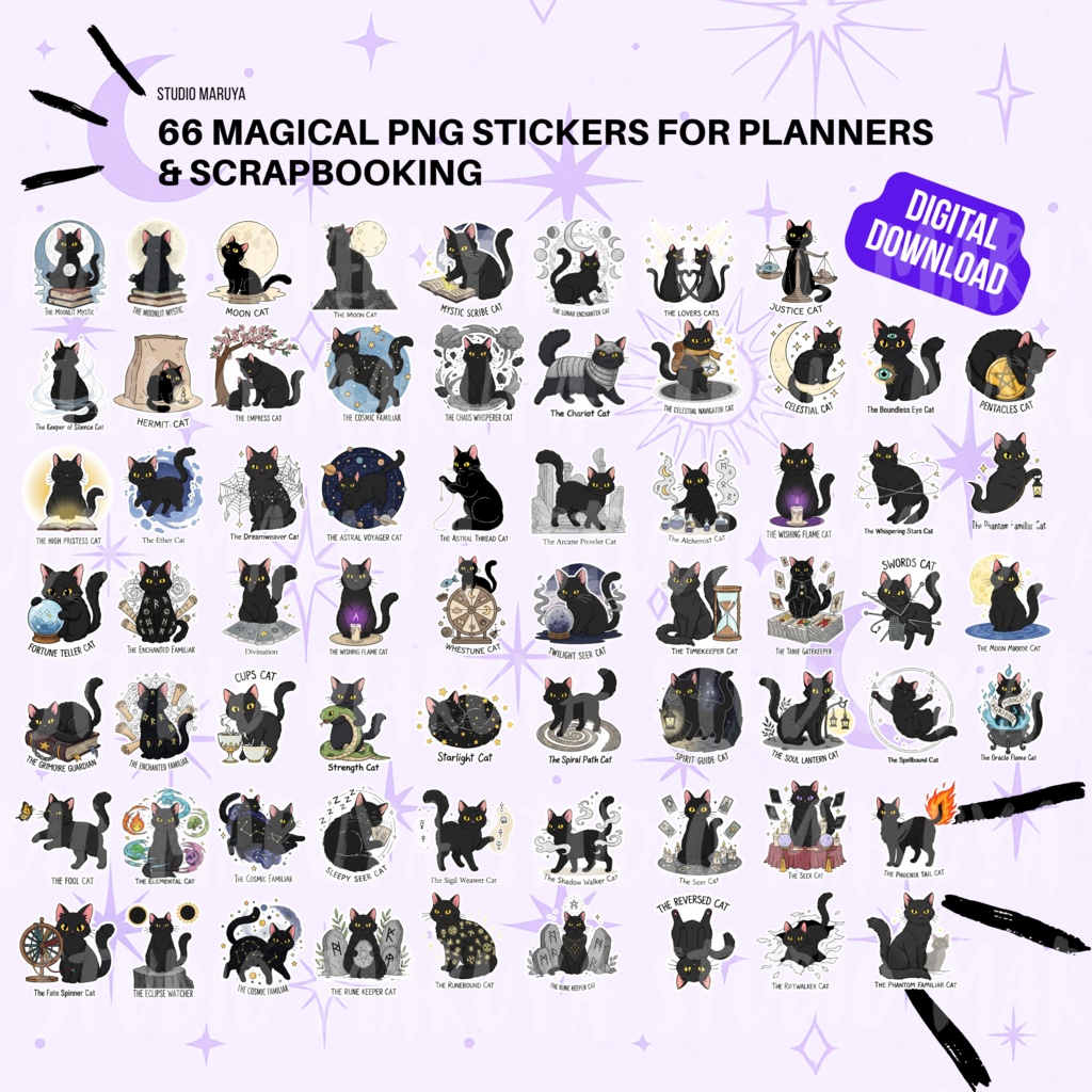 Cats & Tarot デジタルステッカー(66 PNG) | プランナー・ジャーナル・魔法好きにぴったり Cats & Tarot Digital Stickers (66 PNG) – For Planners, Journals & Witchy Vibes