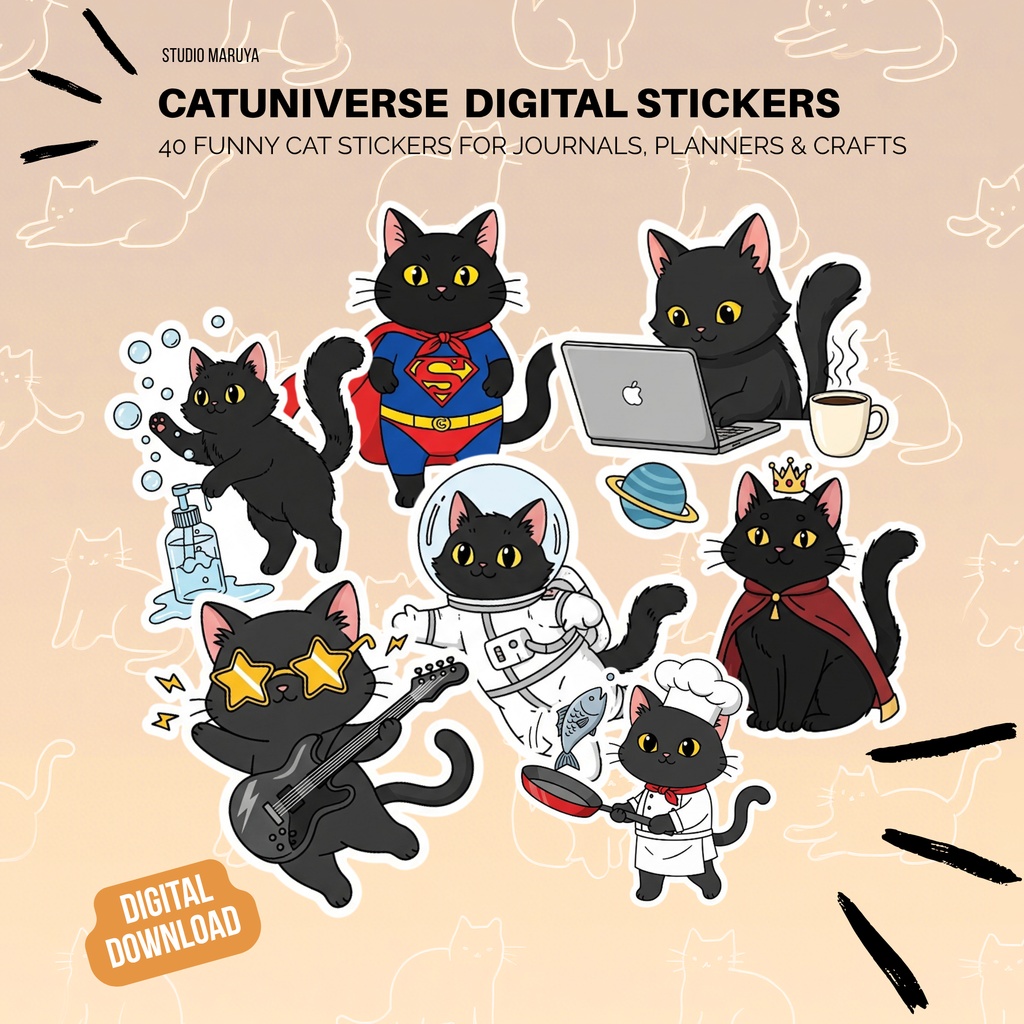 Catuniverse デジタルステッカーセット|Funny Cats in Costumes – 40 PNGs