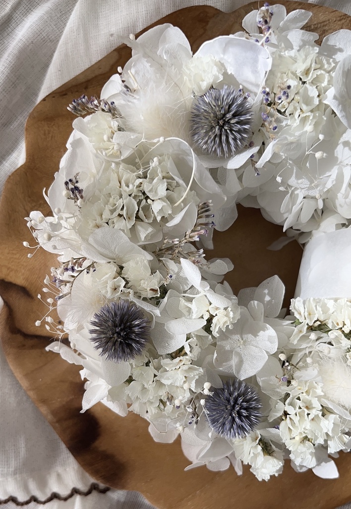 ルリタマアザミと紫陽花のまんまるリース