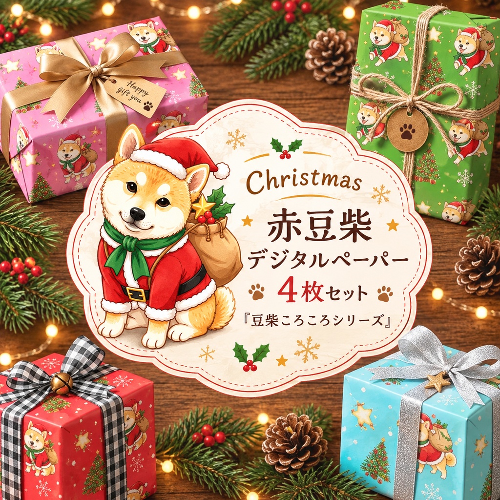 【デジタルペーパー】Christmas 赤 まめしば 犬柄『豆柴ころころシリーズ』 サンタ赤豆柴犬のクリスマス柄 4種セット