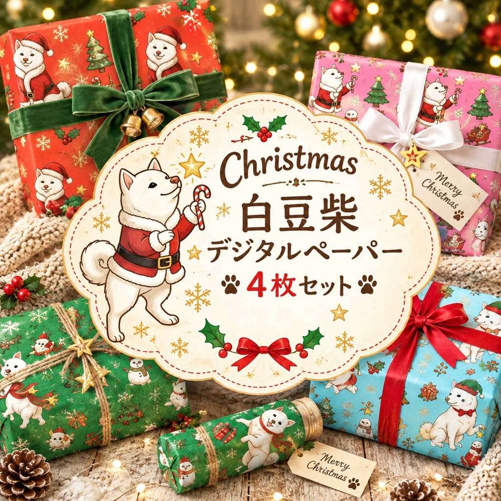 【デジタルペーパー】Christmas 白 まめしば 犬柄『豆柴ころころシリーズ』 サンタ白 豆柴犬のクリスマス柄 4種セット