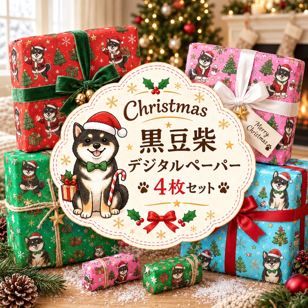 【デジタルペーパー】Christmas 黒まめしば 犬柄『豆柴ころころシリーズ』 サンタ黒豆柴犬のクリスマス柄 4種セット