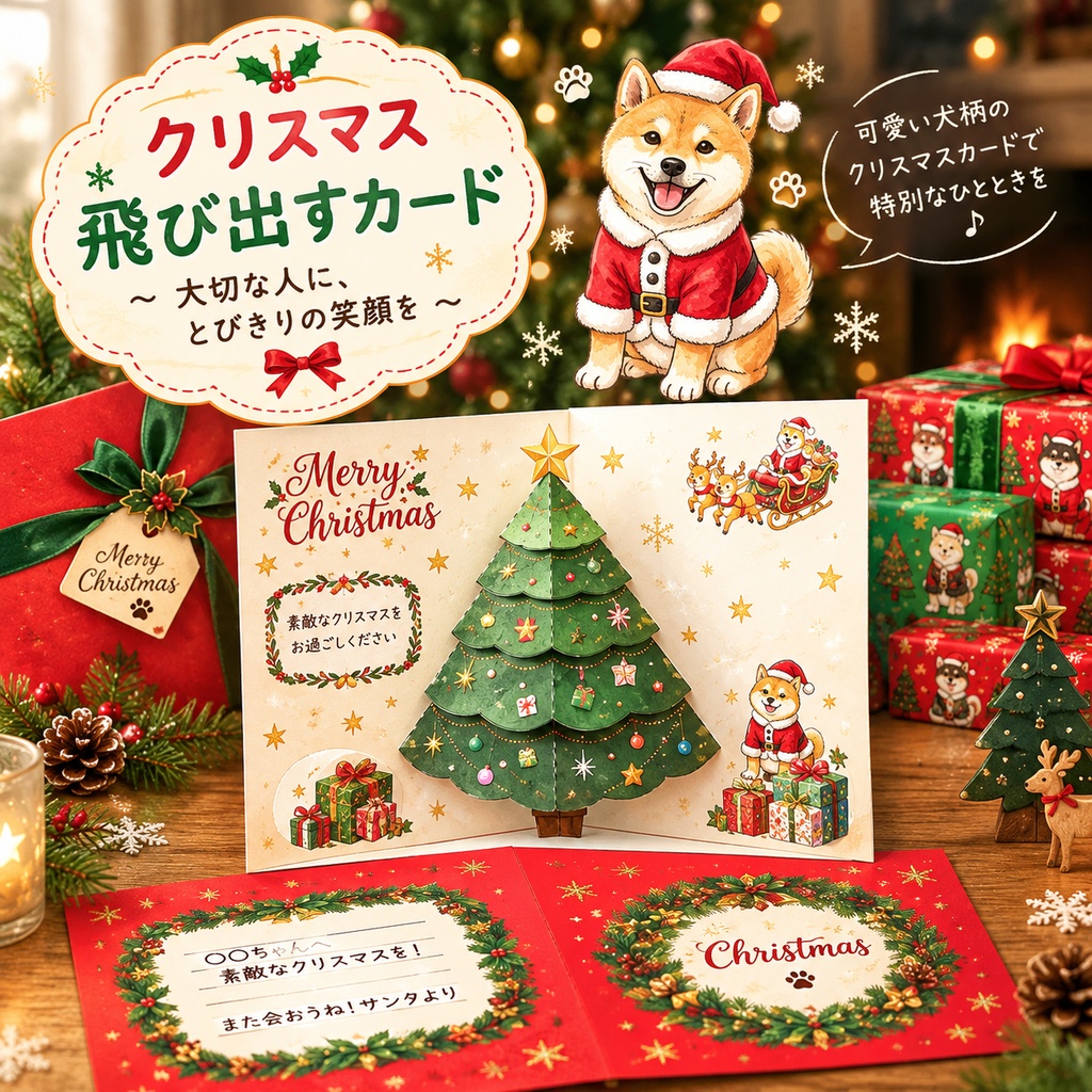 【印刷して作るクリスマスカード】立体クリスマスツリーのペーパークラフト|手作りカード・デジタルデータ 赤豆しば『豆柴ころころシリーズ』