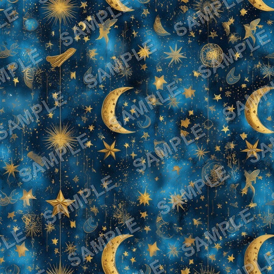 紺×ゴールド 星と月のシームレスパターン12種|Celestial Chic Vol.1 Midnight Gold