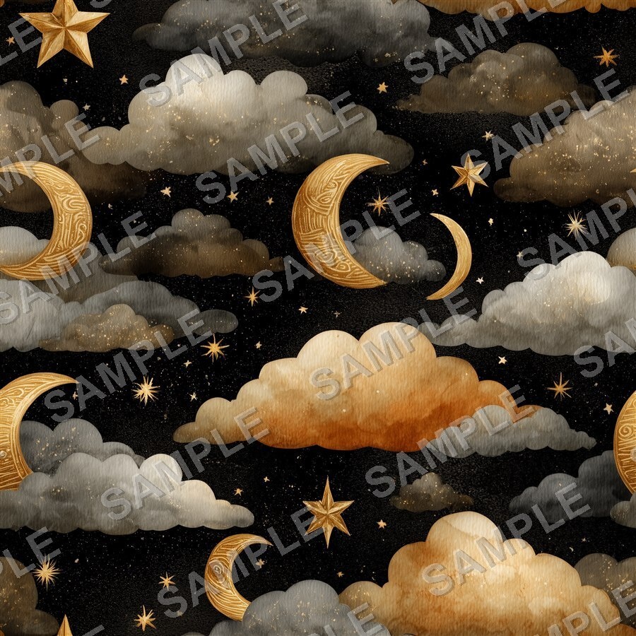 紺×ゴールド 星と月のシームレスパターン12種|Celestial Chic Vol.1 Midnight Gold