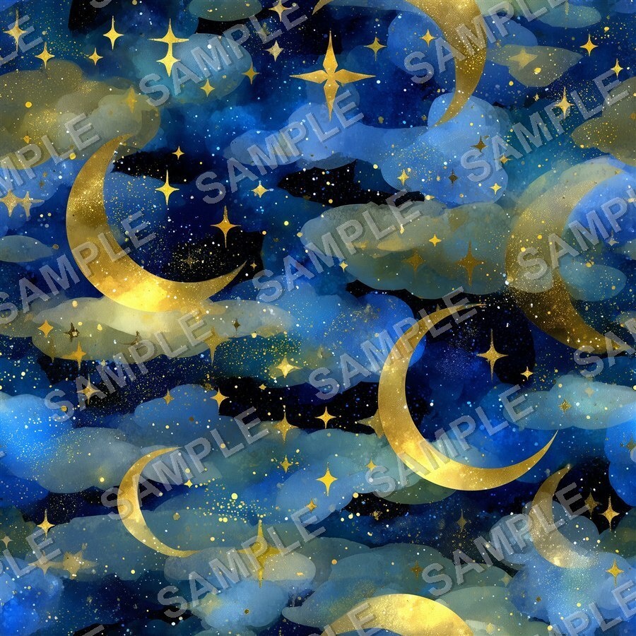 紺×ゴールド 星と月のシームレスパターン12種|Celestial Chic Vol.1 Midnight Gold