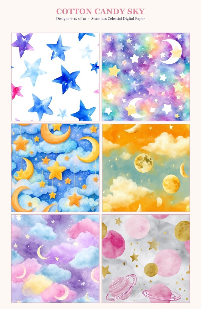 レインボー×パステル 雲と星と月のシームレスパターン12種|Pastel Celestial Vol.1 Cotton Candy Sky