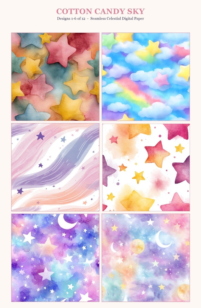 レインボー×パステル 雲と星と月のシームレスパターン12種|Pastel Celestial Vol.1 Cotton Candy Sky