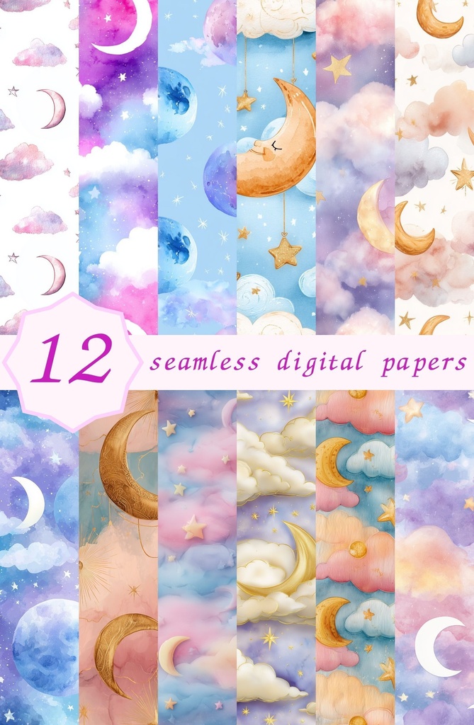 淡いパステルカラーの月相と星柄12種｜Pastel Celestial Vol.2 Dreamy Moonlight