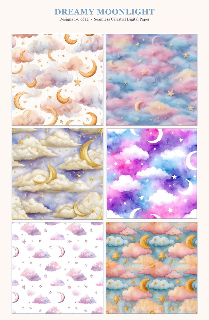 淡いパステルカラーの月相と星柄12種|Pastel Celestial Vol.2 Dreamy Moonlight