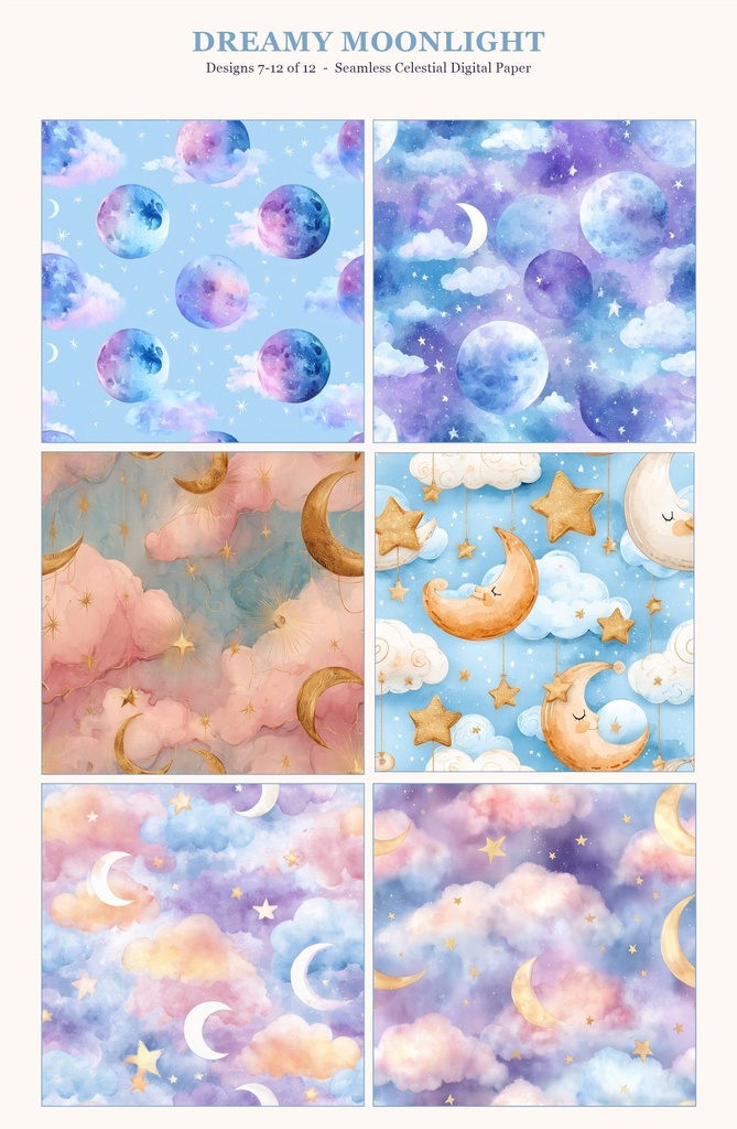 淡いパステルカラーの月相と星柄12種|Pastel Celestial Vol.2 Dreamy Moonlight