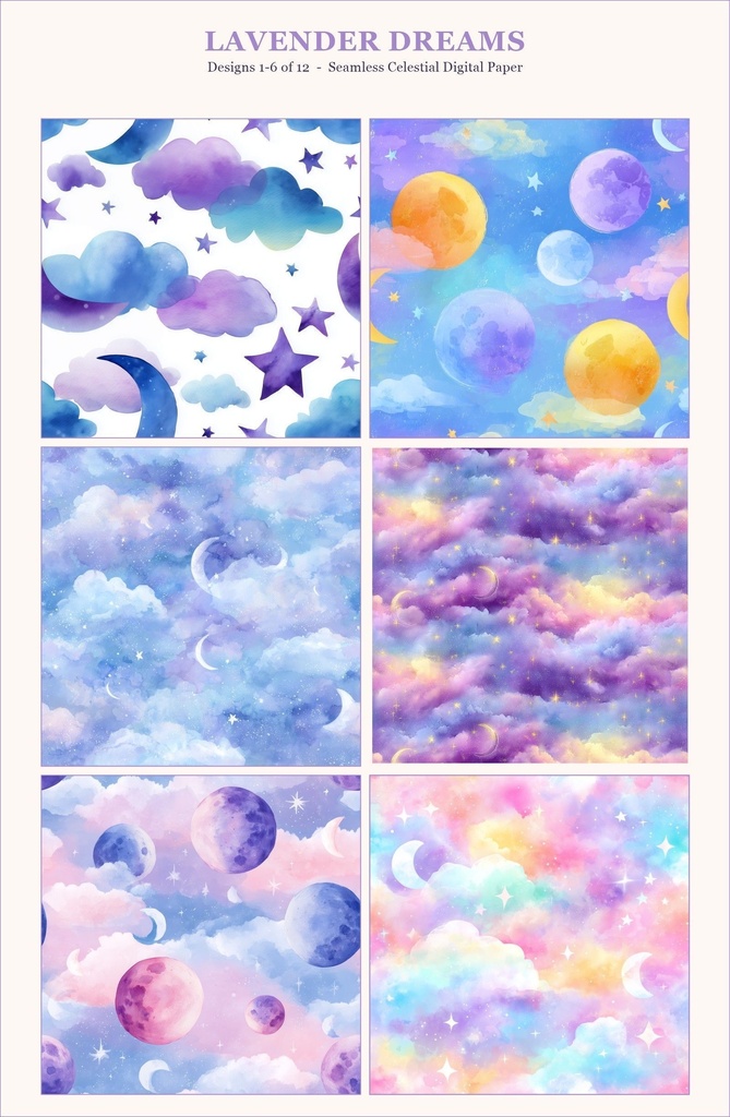 ラベンダー×ブルーの月と惑星と星柄12種|Pastel Celestial Vol.4 Lavender Dreams