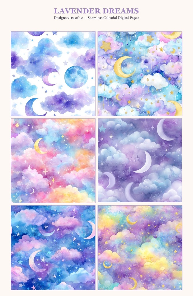 ラベンダー×ブルーの月と惑星と星柄12種|Pastel Celestial Vol.4 Lavender Dreams