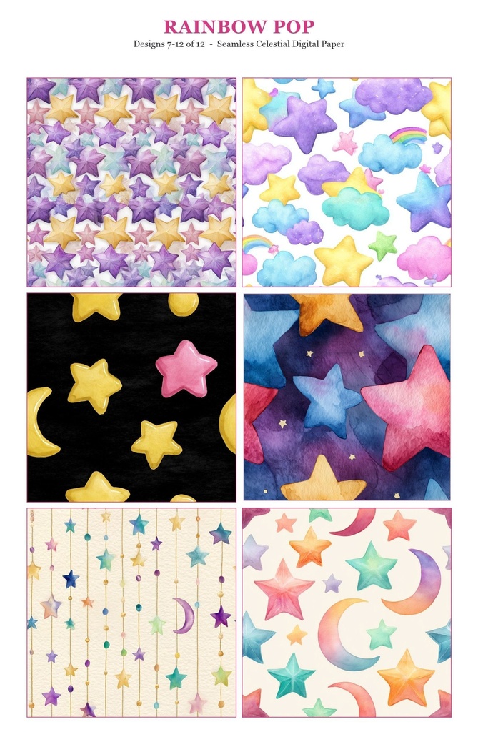 ビビッドレインボー 星と月と惑星のポップ柄12種|Vivid Celestial Vol.1 Rainbow Pop