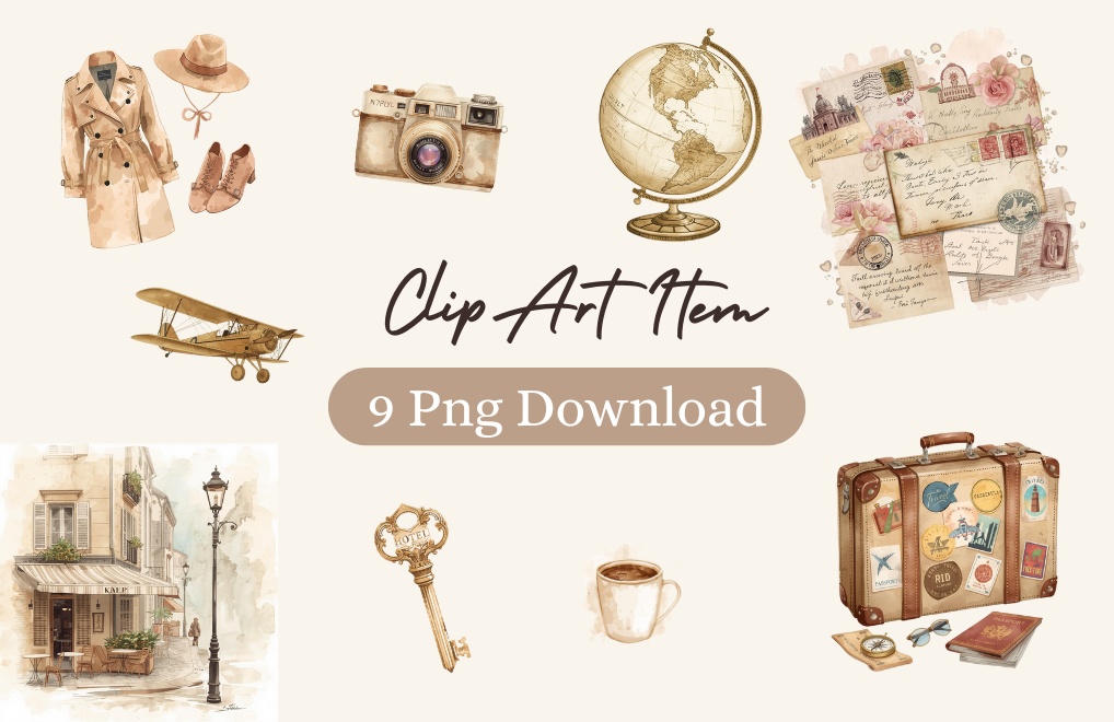 水彩画アンティーク風旅行シリーズクリップアート９点セット（PNG背景透過）