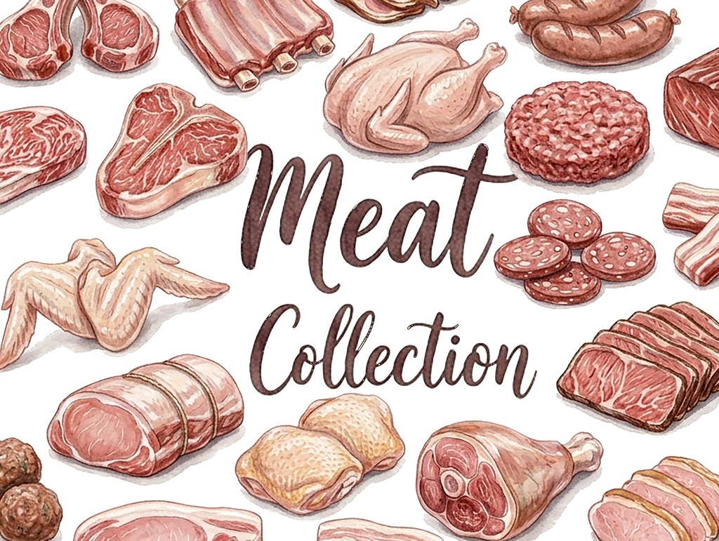 【PSD / 商用OK】パステル手描き風 お肉のクリップアート20種セット