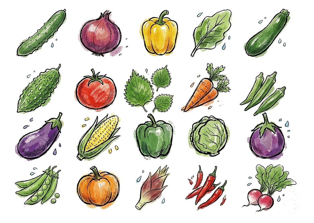 【PSD / 商用OK】画用紙に描いた夏野菜のクリップアート20種セット【手描きパステル風】
