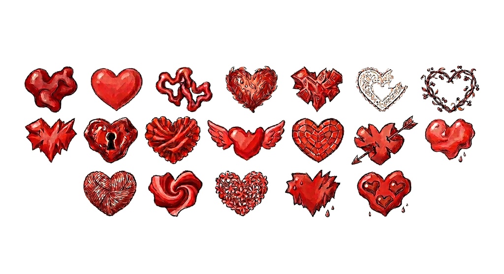 【PSD / 素材】パステル手描き風ハートのクリップアート 19種セット / Hand-drawn Heart Clip Art Pack
