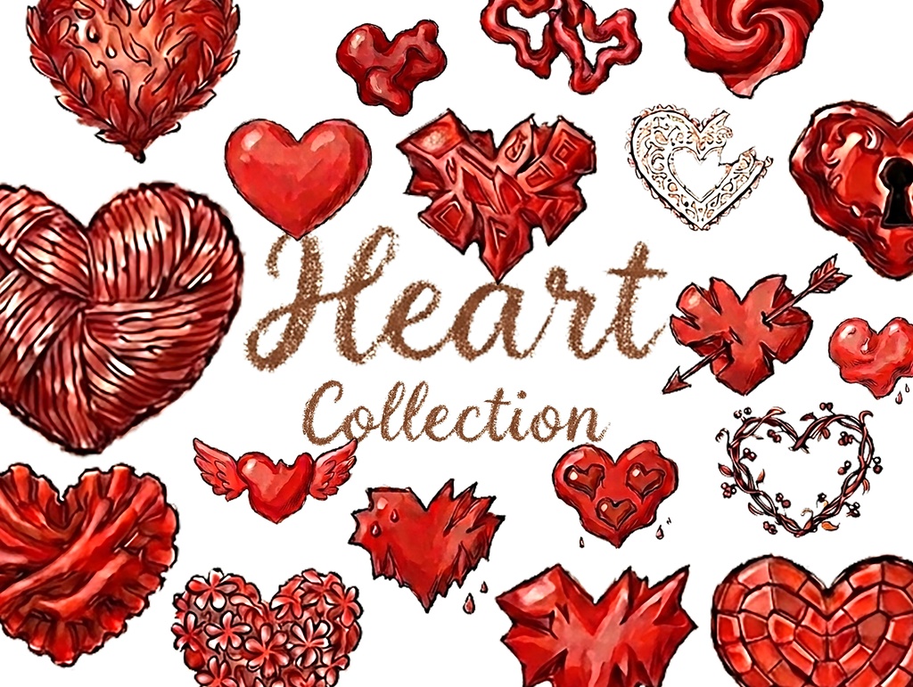 【PSD / 素材】パステル手描き風ハートのクリップアート 19種セット / Hand-drawn Heart Clip Art Pack
