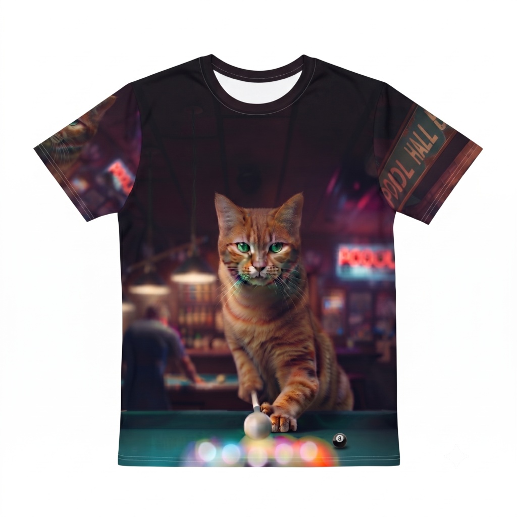 【新作】凄腕ハスラー参上！ブレイクショットを狙うチャトラ猫 フルグラフィックTシャツ（ビリヤード）