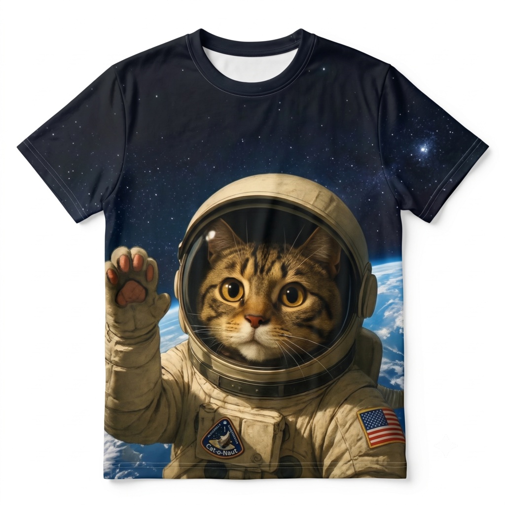 【表裏プリント】宇宙飛行士ネコ フルグラフィックTシャツ|宇宙柄・猫Tシャツ