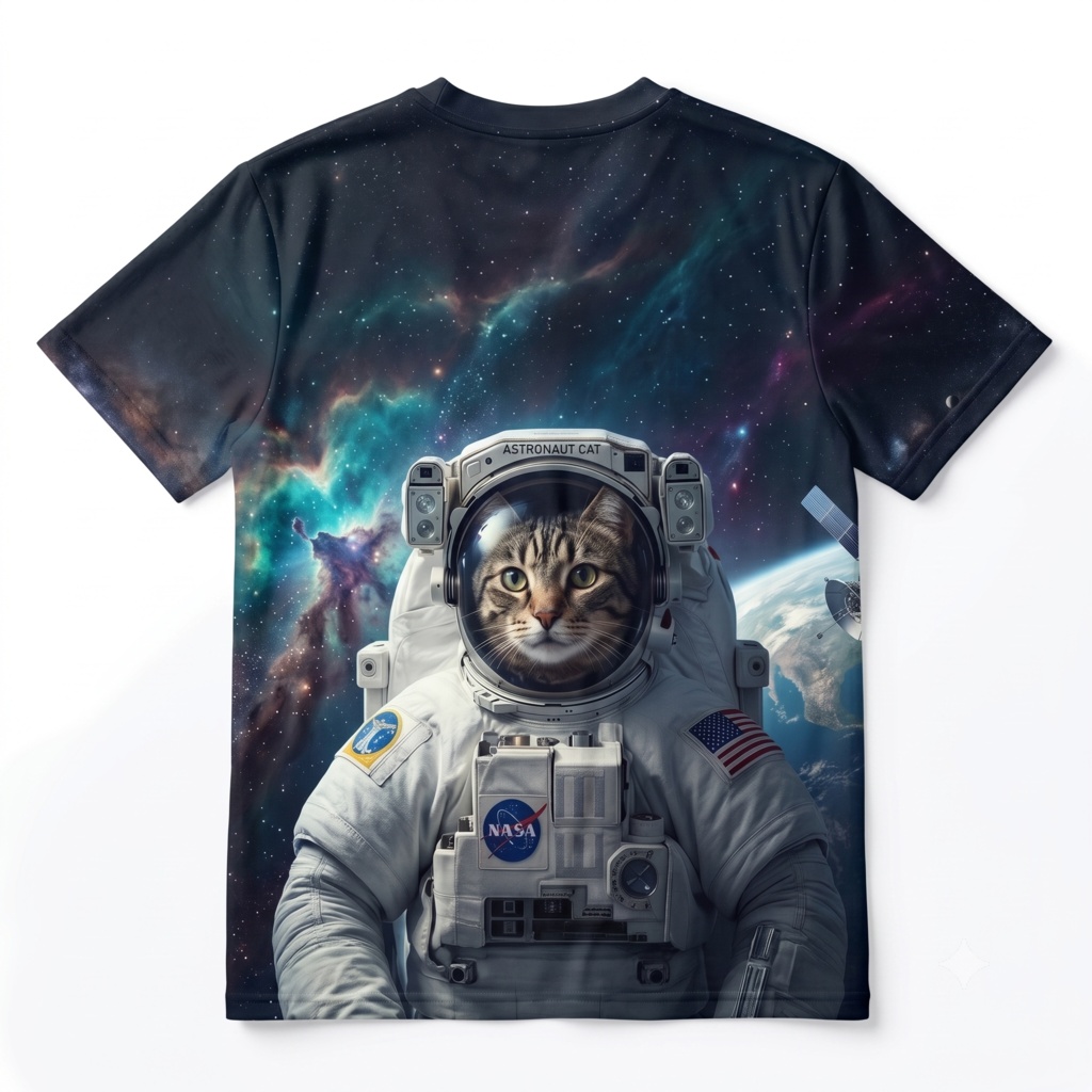 【表裏プリント】宇宙飛行士ネコ フルグラフィックTシャツ|宇宙柄・猫Tシャツ