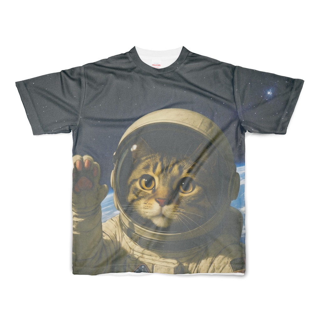 【表裏プリント】宇宙飛行士ネコ フルグラフィックTシャツ|宇宙柄・猫Tシャツ