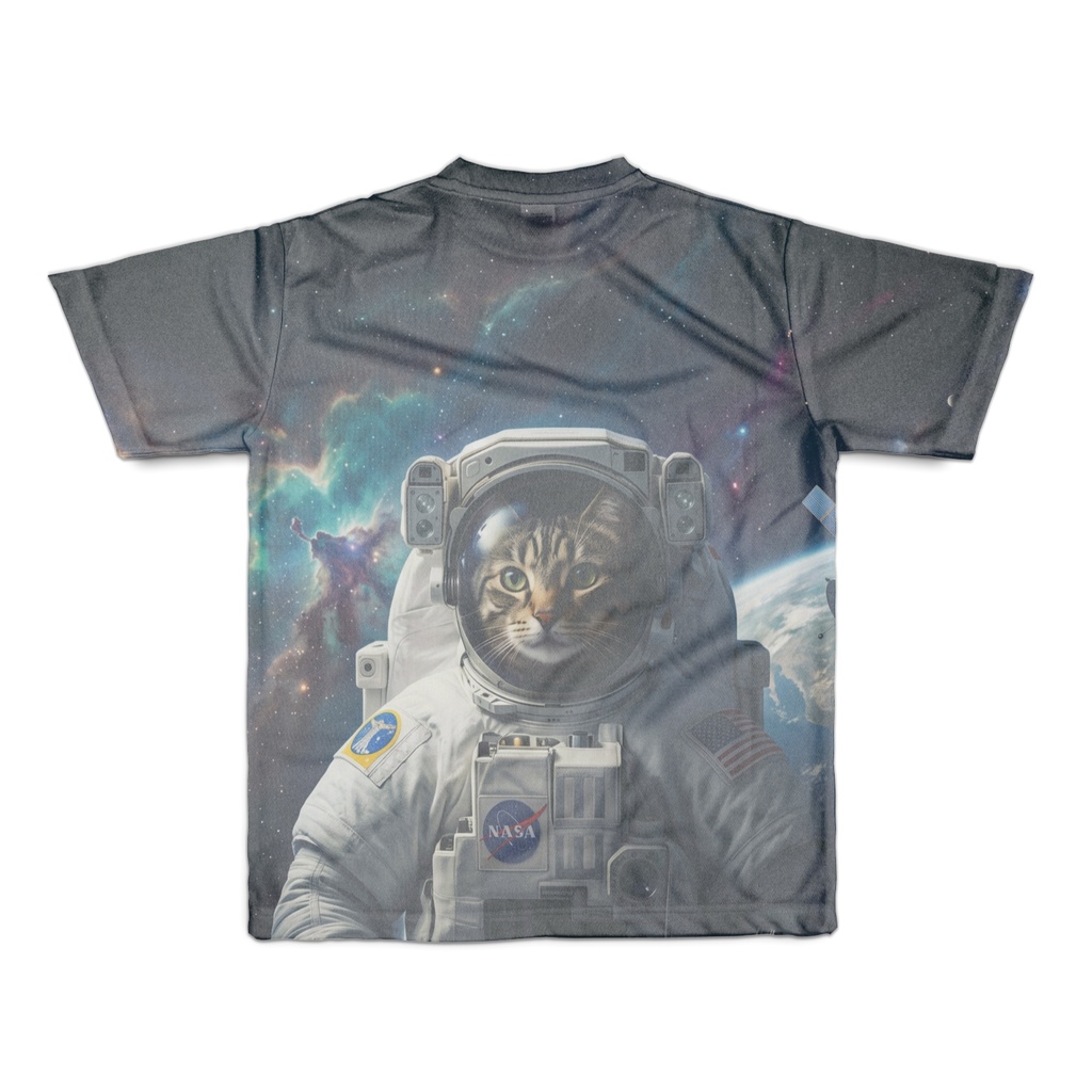【表裏プリント】宇宙飛行士ネコ フルグラフィックTシャツ|宇宙柄・猫Tシャツ