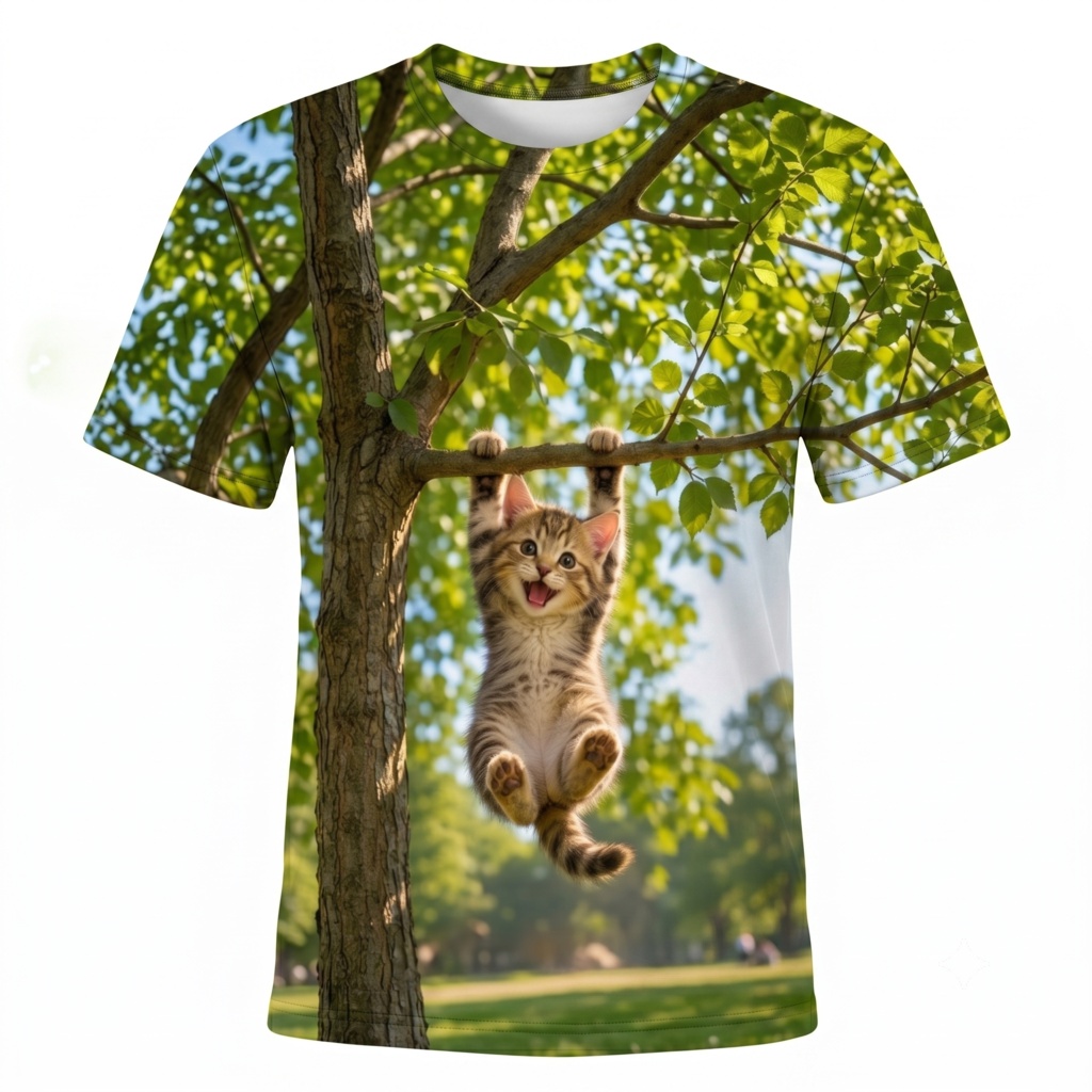 『木にぶら下がる子猫 表裏フルグラフィックTシャツ』