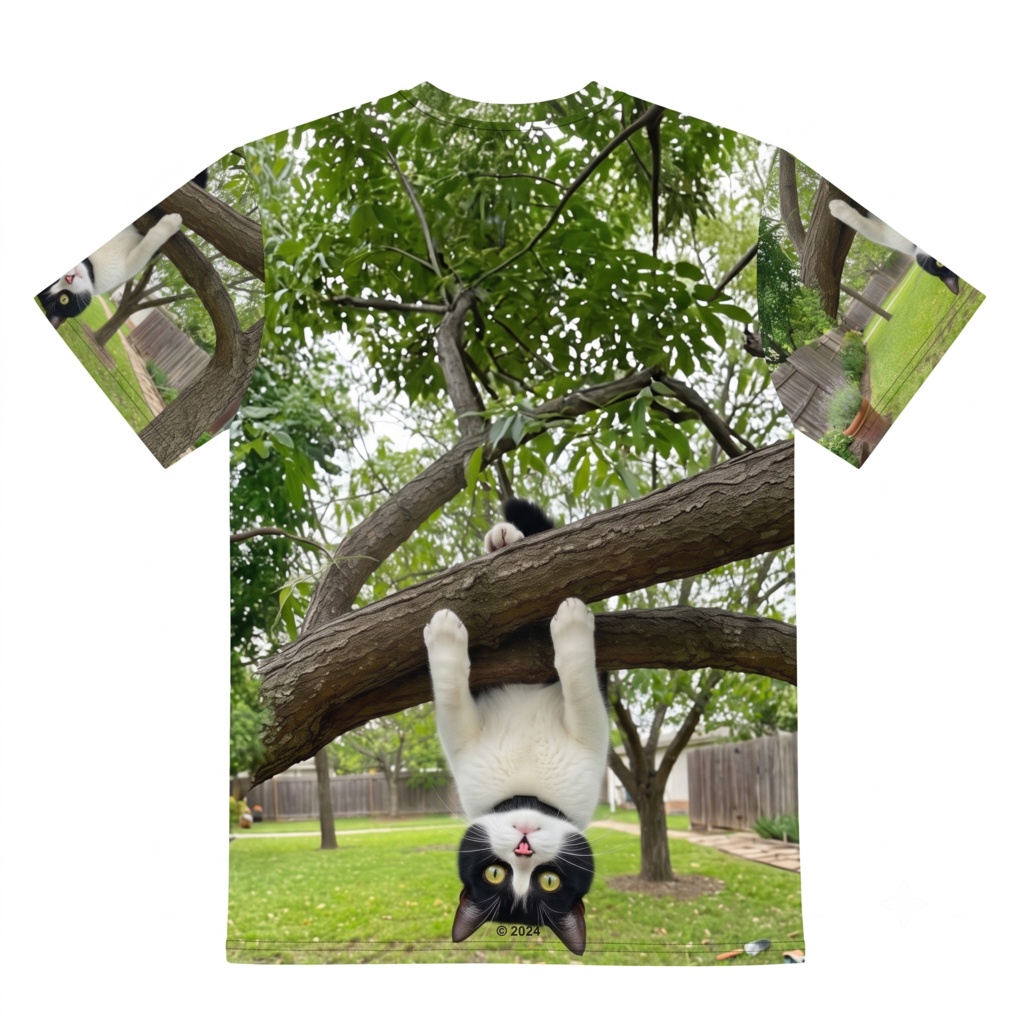 『木にぶら下がる子猫 表裏フルグラフィックTシャツ』