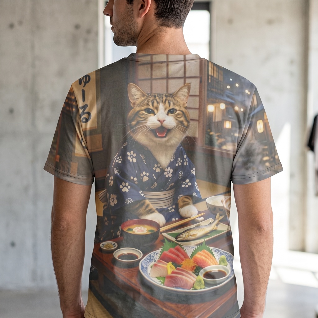 【両面フルグラフィックTシャツ】猫の極楽温泉旅 〜またたび湯と豪華宴会〜